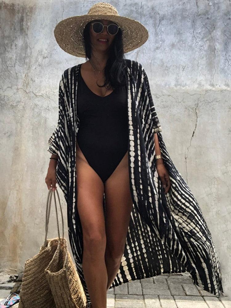 Bohemian Long Kimono, Beach Cover Ups Kimono, Tie Dye Kimono, Swimsuit Cape Summer Dress, Beachwear Cover Up Dress - Belleroz