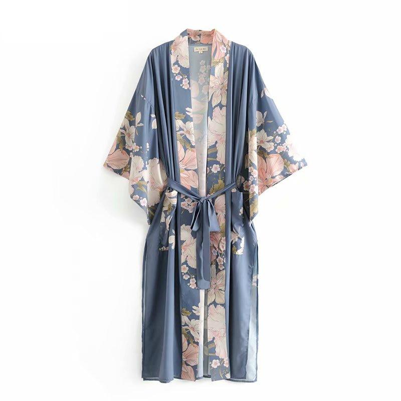 Bohemian Kimono, Vintage Peacock Floral Print Women bohemian V Neck batwing Sleeves Ladies boho Maxi Kimono robe bikini Cover-up - Sandrine Swank