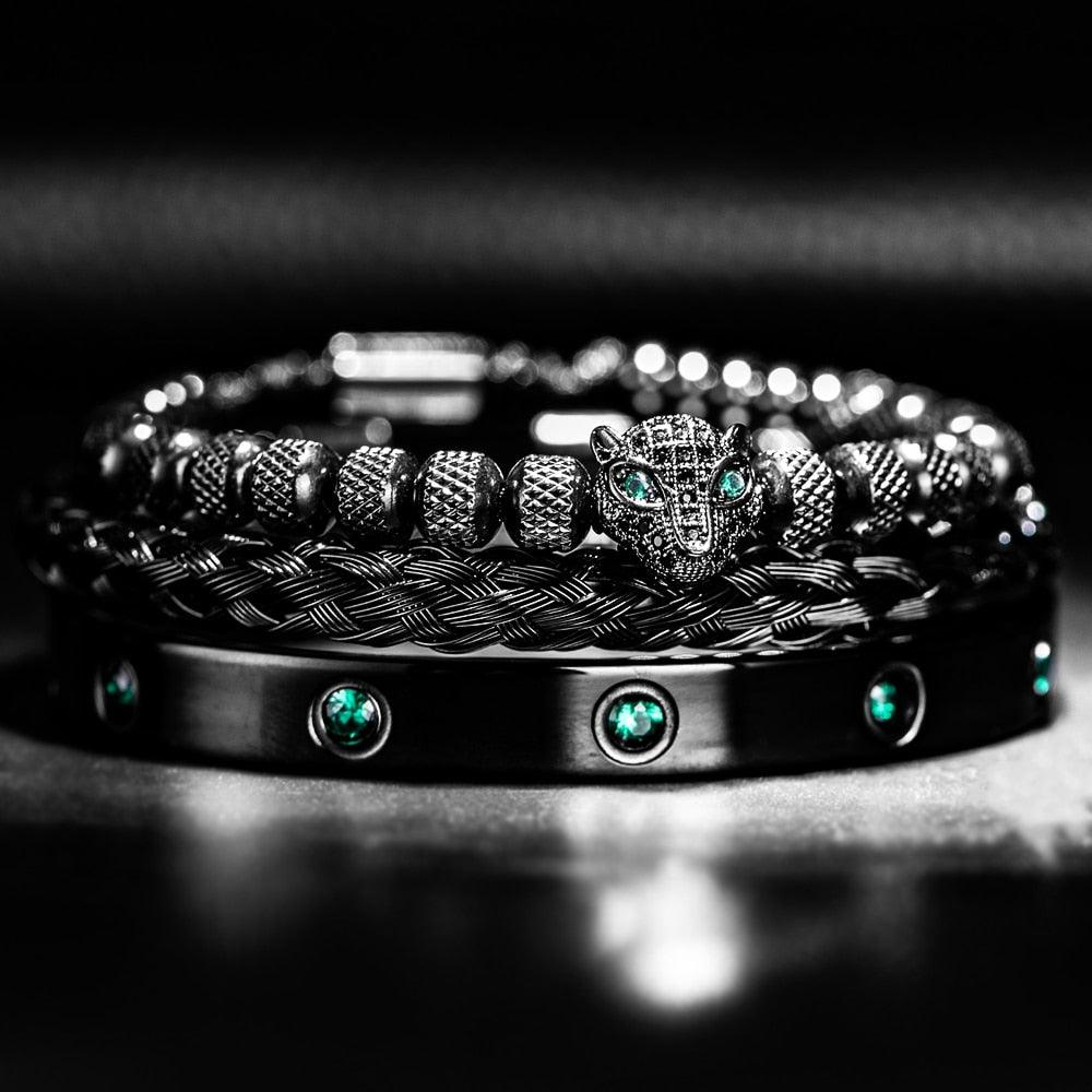 Luxury Micro Pave Green CZ Leopard Head Royal Charm Men Bracelets, Stainless Steel Crystals Bangles, Handmade Men Bracelets - Sandrine Swank