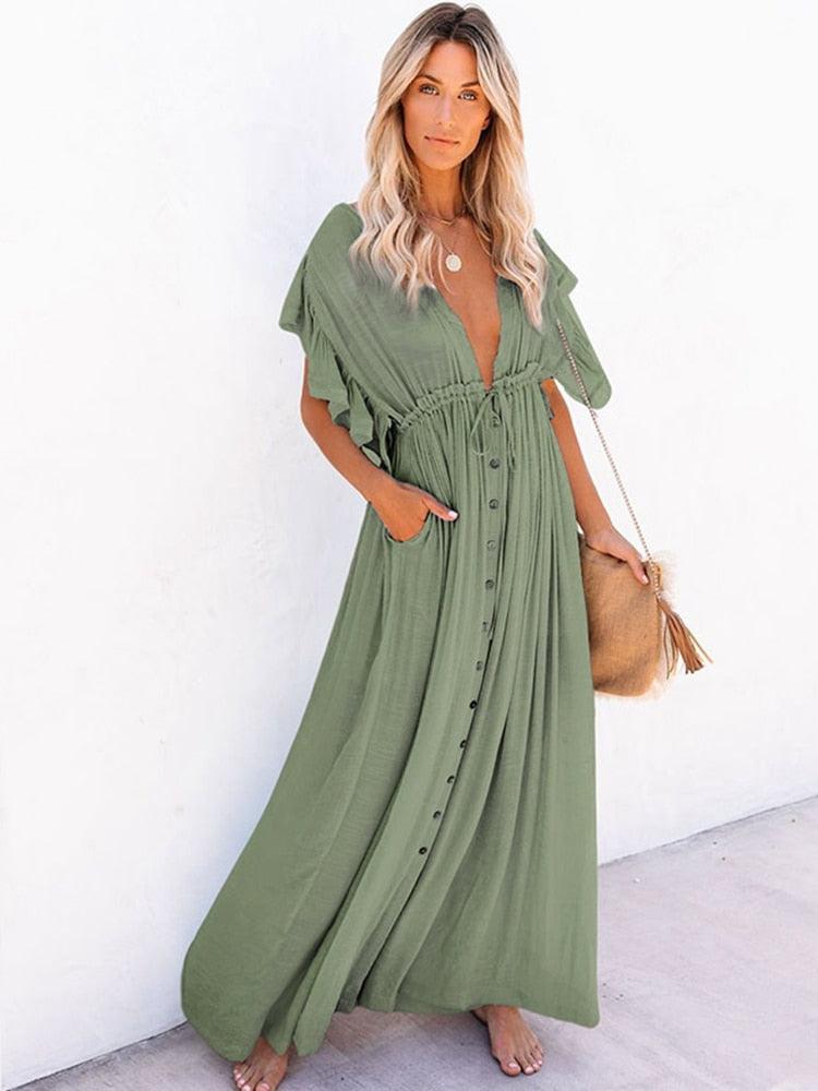 Bohemian Maxi Dress, Beach Dress, Women Boho Long Bikini Cover Up Dress, High Waist Casual V-Neck Sexy Dress - Belleroz