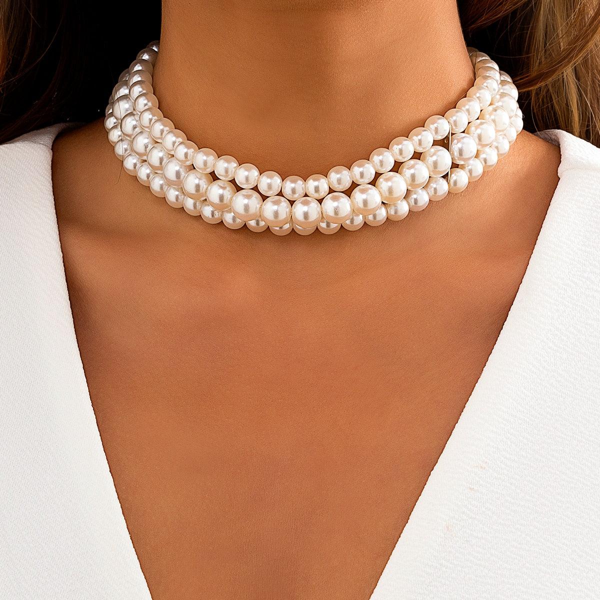 Elegant Multilayer Pearl Chain Necklace, Vintage Wedding Fashion Statement Choker - Belleroz