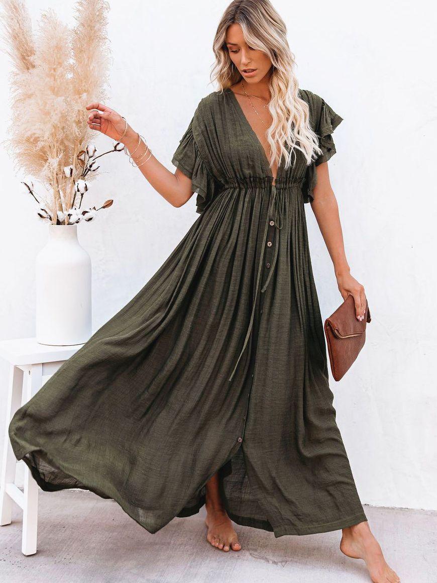 Bohemian Maxi Dress, Beach Dress, Women Boho Long Bikini Cover Up Dress, High Waist Casual V-Neck Sexy Dress - Belleroz