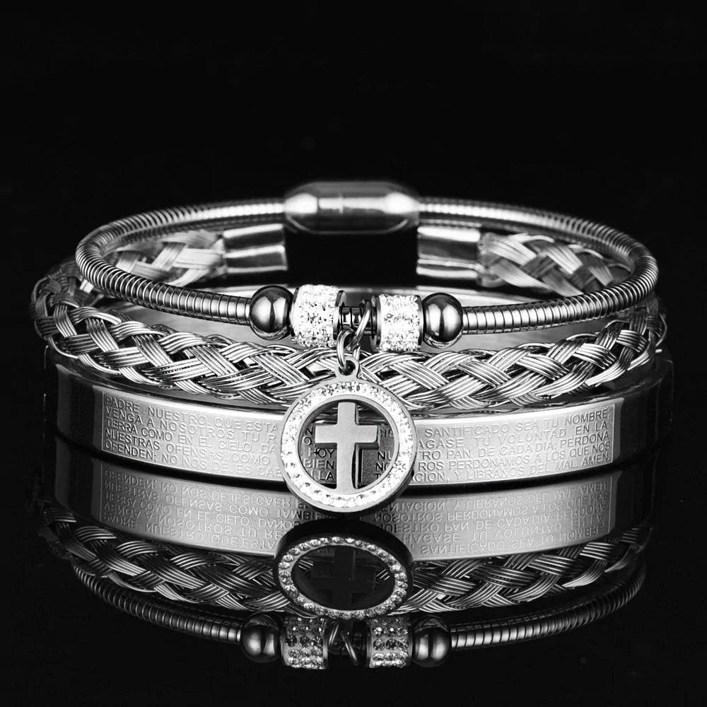 Luxury 3pcs Set Stainless Steel Men Bracelet, Men Jewelry Charm Open Bangle Carving Spanish Scripture - Sandrine Swank