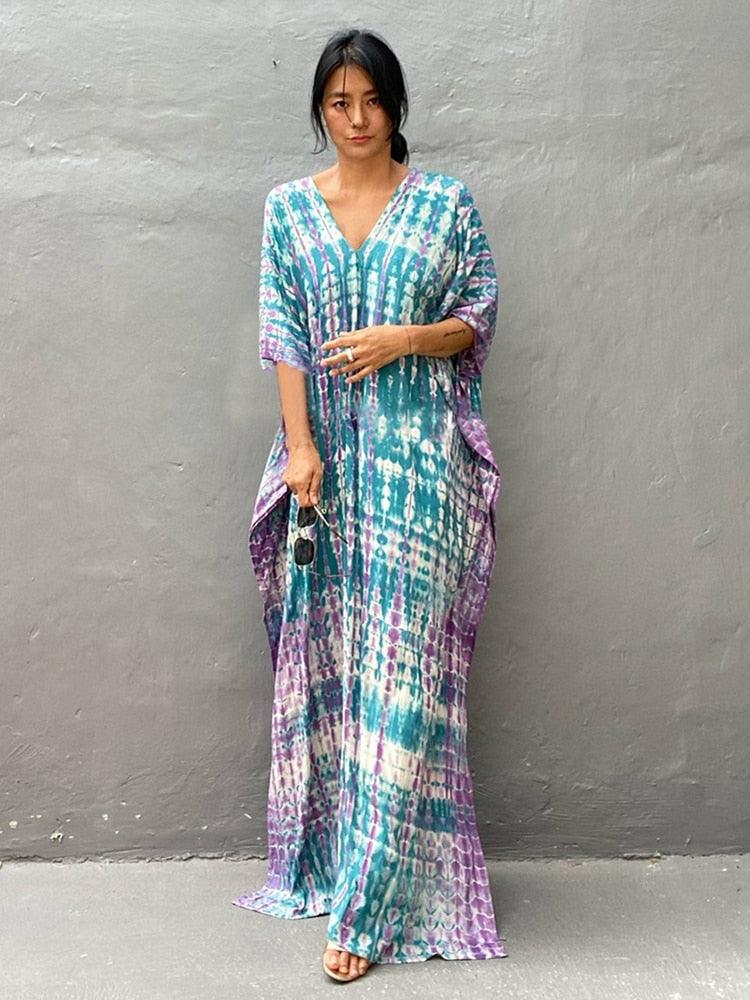 Bohemian Kaftan, Retro Striped Tie Dye Women Swimsuit Cover Up Bikini Wrap Beach Dress, Beachwear Kimono Kaftan - Sandrine Swank