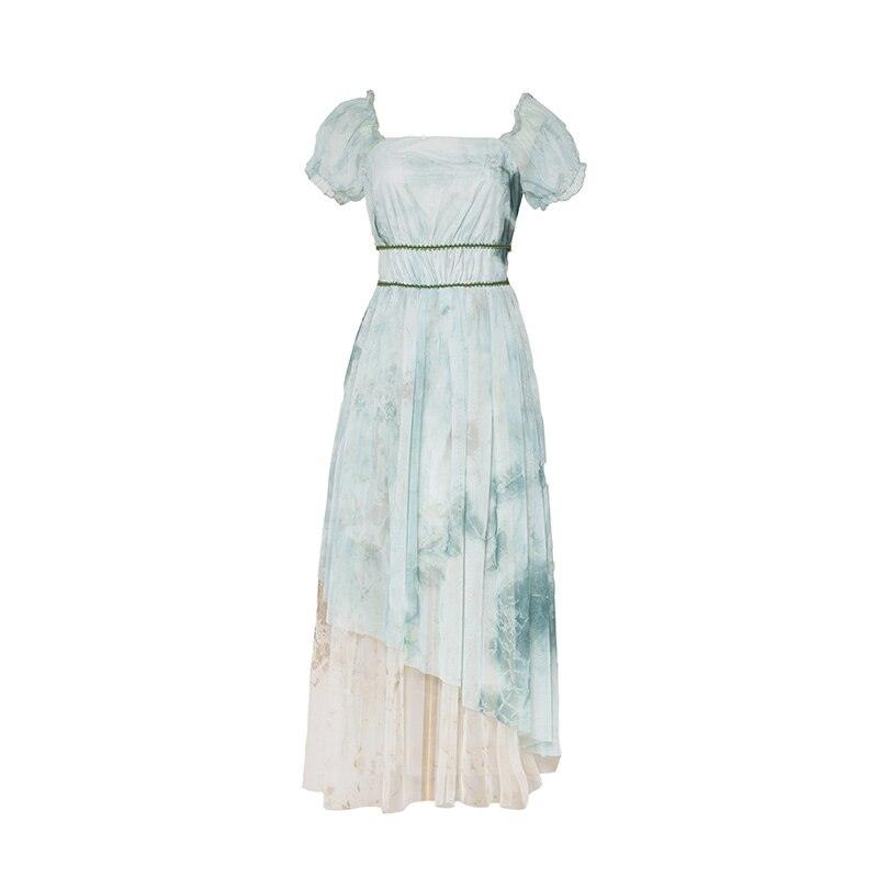 Elsie Maxi Dress Vintage Elegant Slim Puff Sleeve Tie Dye Mesh Dress Square Collar Light Green Dress - Sandrine Swank