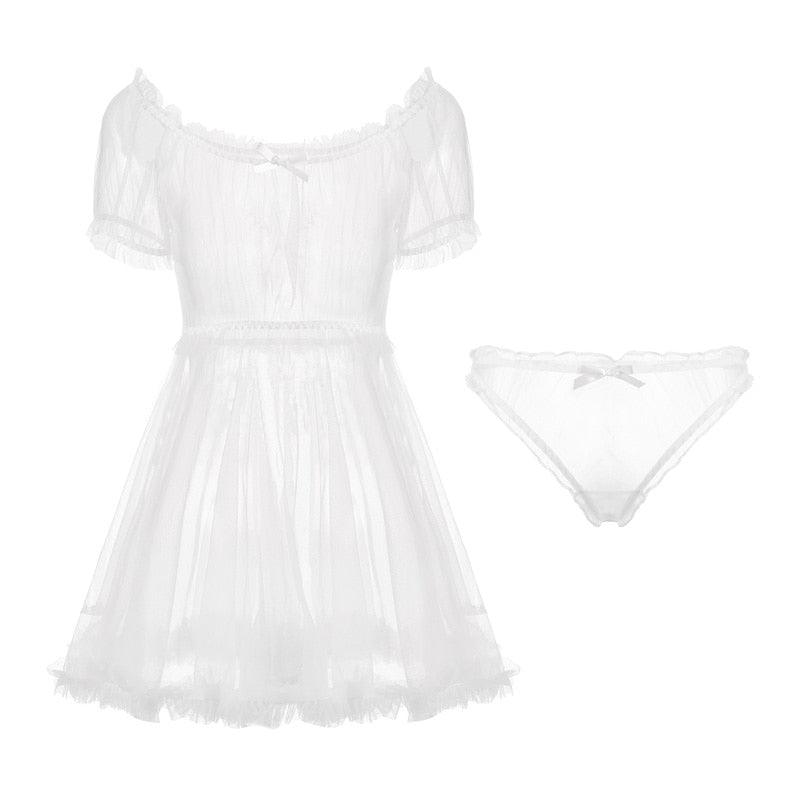 Transparent Delicate Gauze Babydoll Mini Dress Set - Belleroz