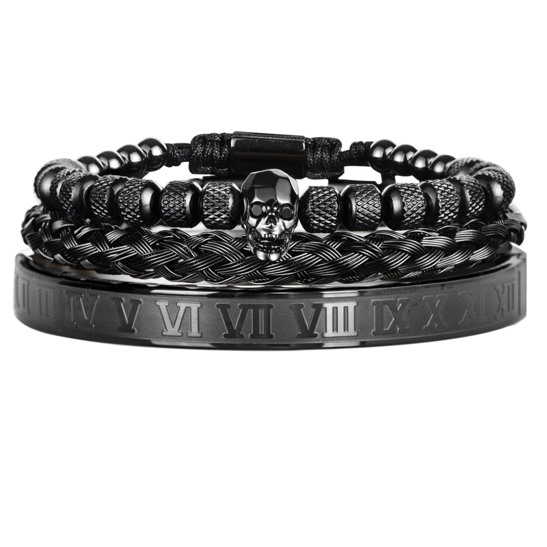 Luxury 3pcs/Set Skull Charm Black Men Bracelet, Stainless Steel  Men Enamel Bracelet - Sandrine Swank