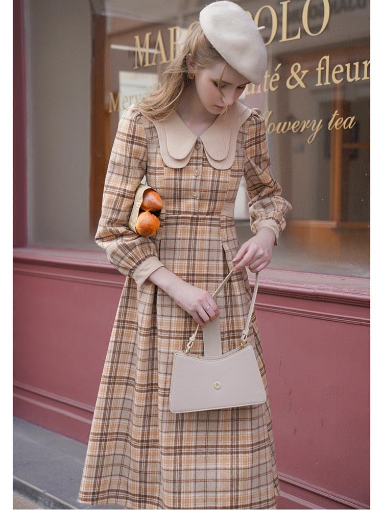 Elise Vintage Elegant Double-Layer Collar Long Sleeve Plaid Woolen Midi Dress - Sandrine Swank