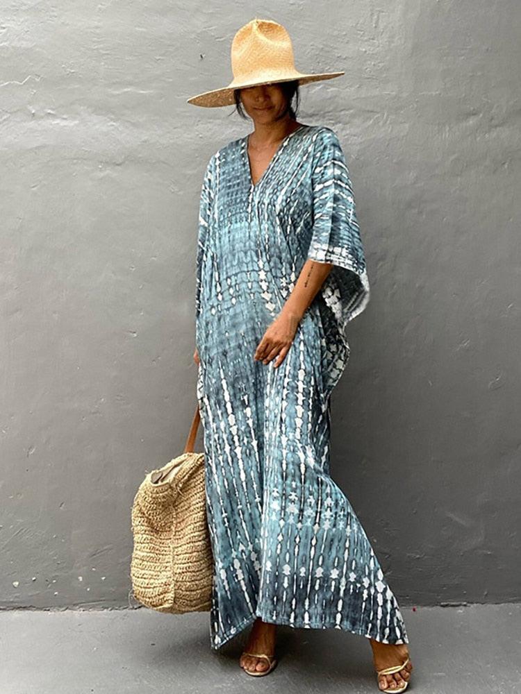 Bohemian Kaftan, Retro Striped Tie Dye Women Swimsuit Cover Up Bikini Wrap Beach Dress, Beachwear Kimono Kaftan - Sandrine Swank