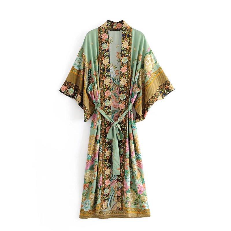 Bohemian Long Kimono, Peacock floral print bat sleeve beach Bohemian Kimono robe, Summer dress boho cover-up - Boldnaccs By Artisans