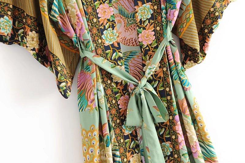 Bohemian Long Kimono, Peacock floral print bat sleeve beach Bohemian Kimono robe, Summer dress boho cover-up - Boldnaccs By Artisans