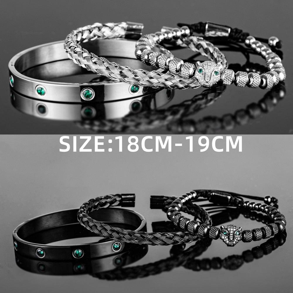 Luxury Micro Pave Green CZ Leopard Head Royal Charm Men Bracelets, Stainless Steel Crystals Bangles, Handmade Men Bracelets - Sandrine Swank