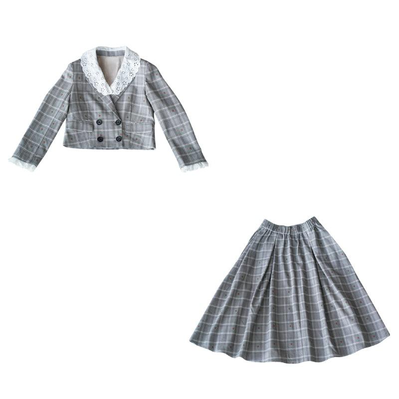 Elise Dress Sets Women Preppy Style Elegant Plaid Short Coat+Pleated Skirt Embroidery Flowers Lace Women's formal outfits - Sandrine Swank