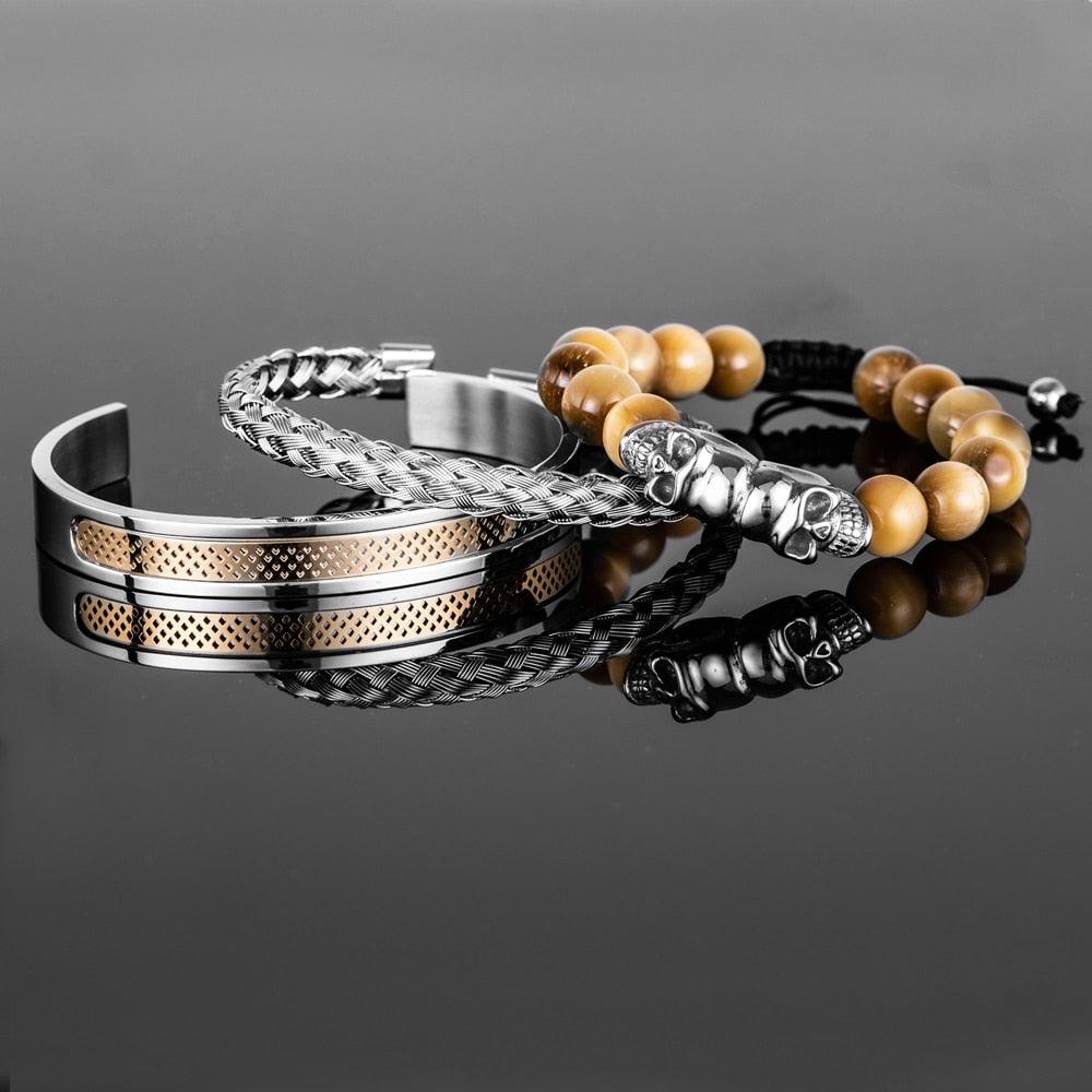 3pcs/set Stainless Steel Skull Skeleton Head Bangle Beaded Men Bracelets, Black Stone Braided Bracelet for Men - Sandrine Swank