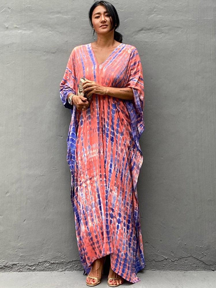 Bohemian Kaftan, Retro Striped Tie Dye Women Swimsuit Cover Up Bikini Wrap Beach Dress, Beachwear Kimono Kaftan - Sandrine Swank