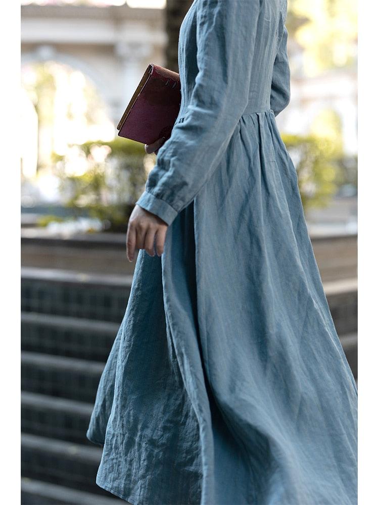 Elsie Maxi Dresses For Women Medieval Manor Vintage Elegant Dress Stand Collar Long Sleeve Strip Cotton Linen Blue Dress - Sandrine Swank