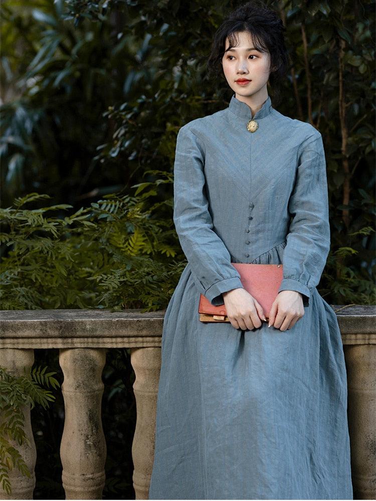 Elsie Maxi Dresses For Women Medieval Manor Vintage Elegant Dress Stand Collar Long Sleeve Strip Cotton Linen Blue Dress - Sandrine Swank