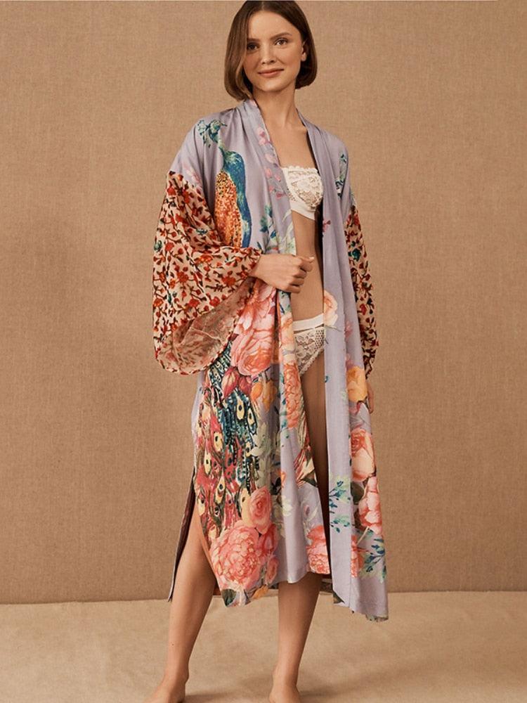 Bohemian Beach Kimono, Women Peacock Printed Swimsuit Cover Up Self Belted Wrap Dresses Seaside Bathing Suits Beachwear - Belleroz