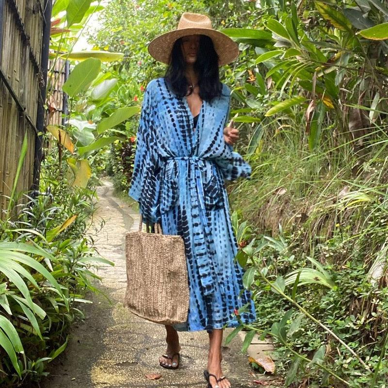 Bohemian striped Print V-neck batwing Sleeves Sashes Kimono, Kimono robe Ladies Boho Maxi Bikini Cover-up - Boldnaccs By Artisans