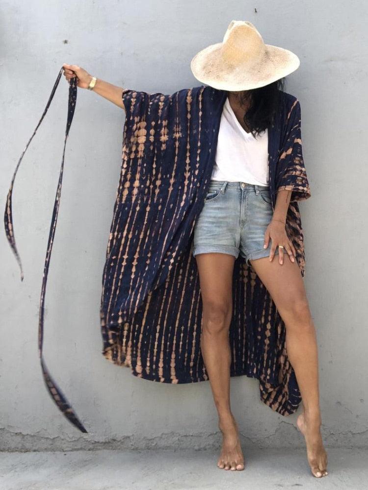 Bohemian Long Kimono, Beach Cover Ups Kimono, Tie Dye Kimono, Swimsuit Cape Summer Dress, Beachwear Cover Up Dress - Belleroz