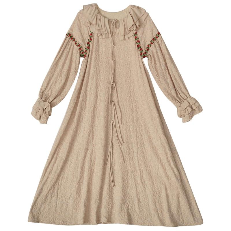 Elsie Mori Girls Elegant Luxury Embroidery Long Dress Ruffled Collar Casual Loose Cotton Dress - Sandrine Swank