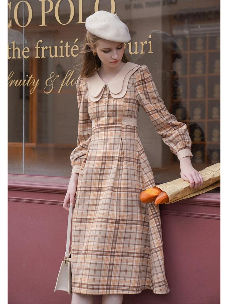 Elise Vintage Elegant Double-Layer Collar Long Sleeve Plaid Woolen Midi Dress - Sandrine Swank