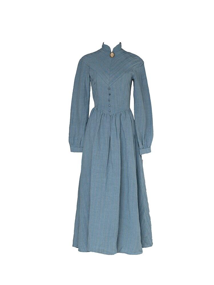 Elsie Maxi Dresses For Women Medieval Manor Vintage Elegant Dress Stand Collar Long Sleeve Strip Cotton Linen Blue Dress - Sandrine Swank