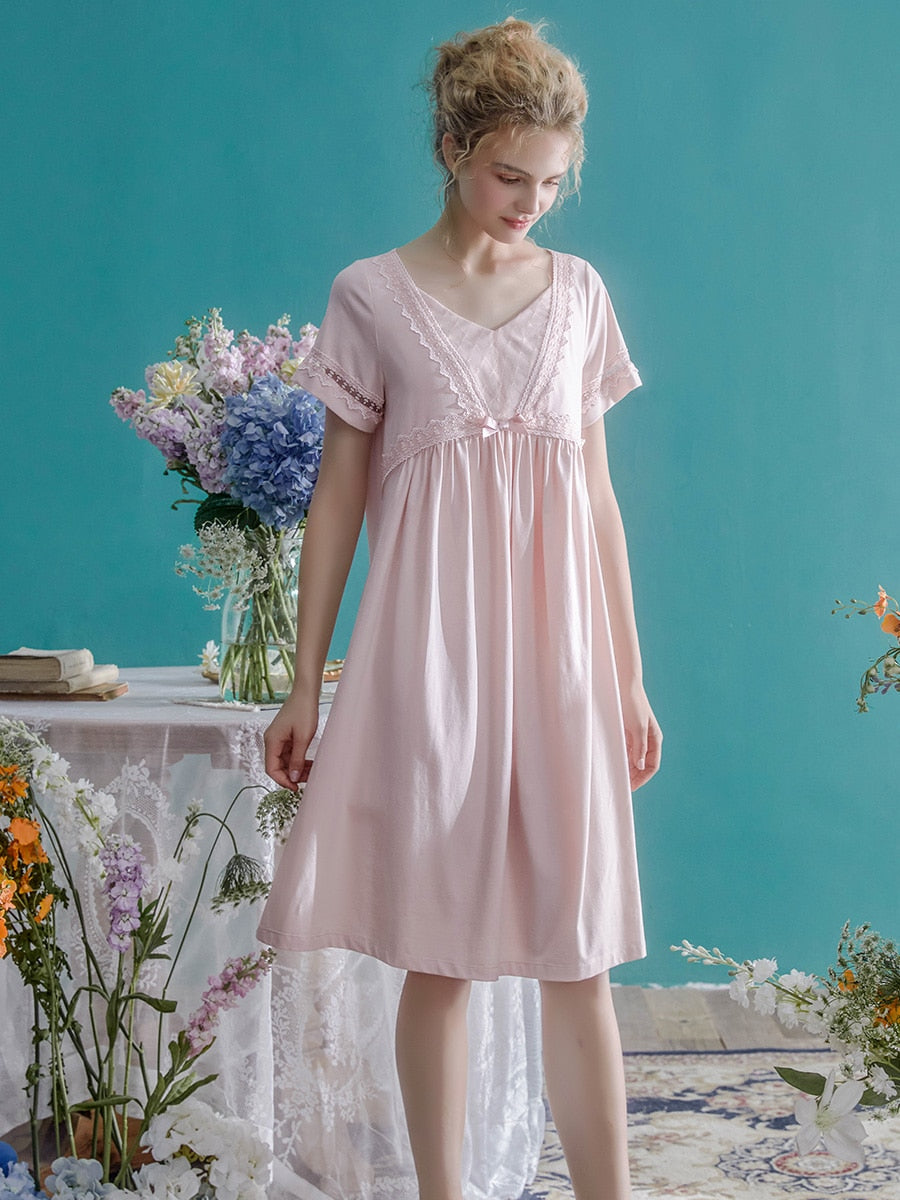 Cotton Short Sleeve Nightgown For Women, Vintage Royal Princess Sleepwear Loose Nightdress