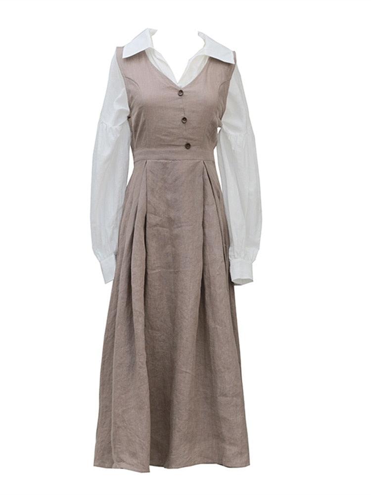 Elise Long Sleeve Dresses Women Vintage Elegant Slim 100%Linen Dress Pastoral Style V-Neck Two-Piece Dress - Sandrine Swank