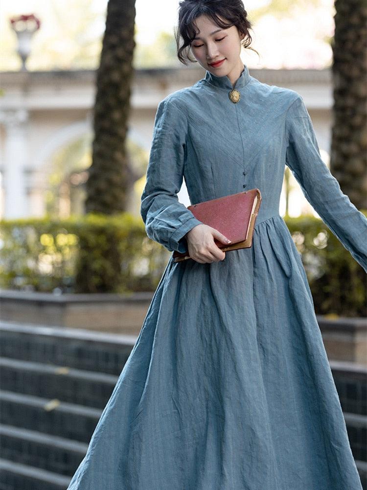 Elsie Maxi Dresses For Women Medieval Manor Vintage Elegant Dress Stand Collar Long Sleeve Strip Cotton Linen Blue Dress - Sandrine Swank