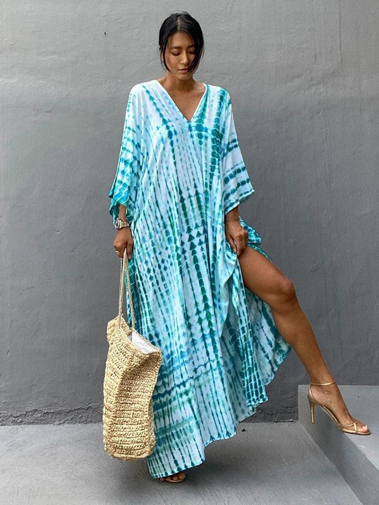 Bohemian Kaftan, Retro Striped Tie Dye Women Swimsuit Cover Up Bikini Wrap Beach Dress Beachwear Kimono Kaftan - Sandrine Swank