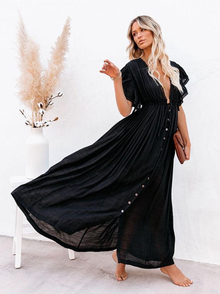 Bohemian Maxi Dress, Beach Dress, Women Boho Long Bikini Cover Up Dress, High Waist Casual V-Neck Sexy Dress - Belleroz