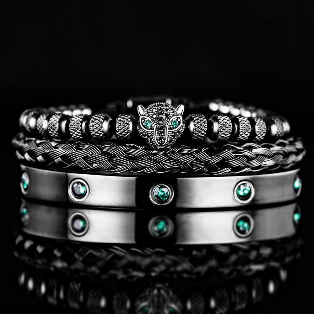 Luxury Micro Pave Green CZ Leopard Head Royal Charm Men Bracelets, Stainless Steel Crystals Bangles, Handmade Men Bracelets - Sandrine Swank