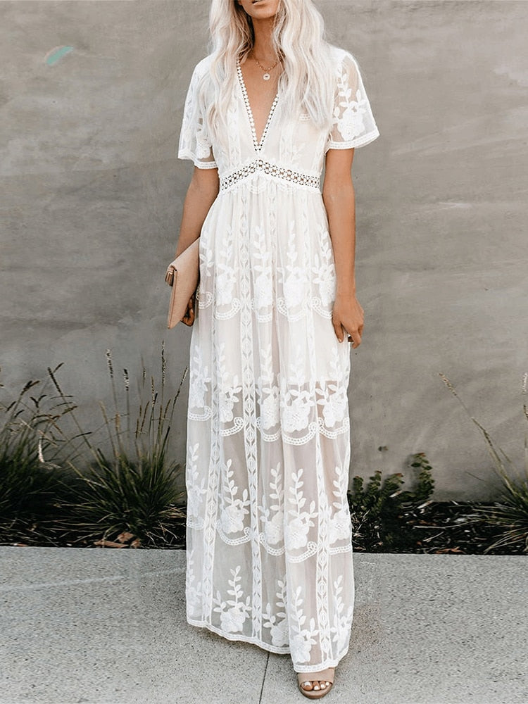 Bohemian Maxi Embroidery White Lace long Tunic Beach Dress