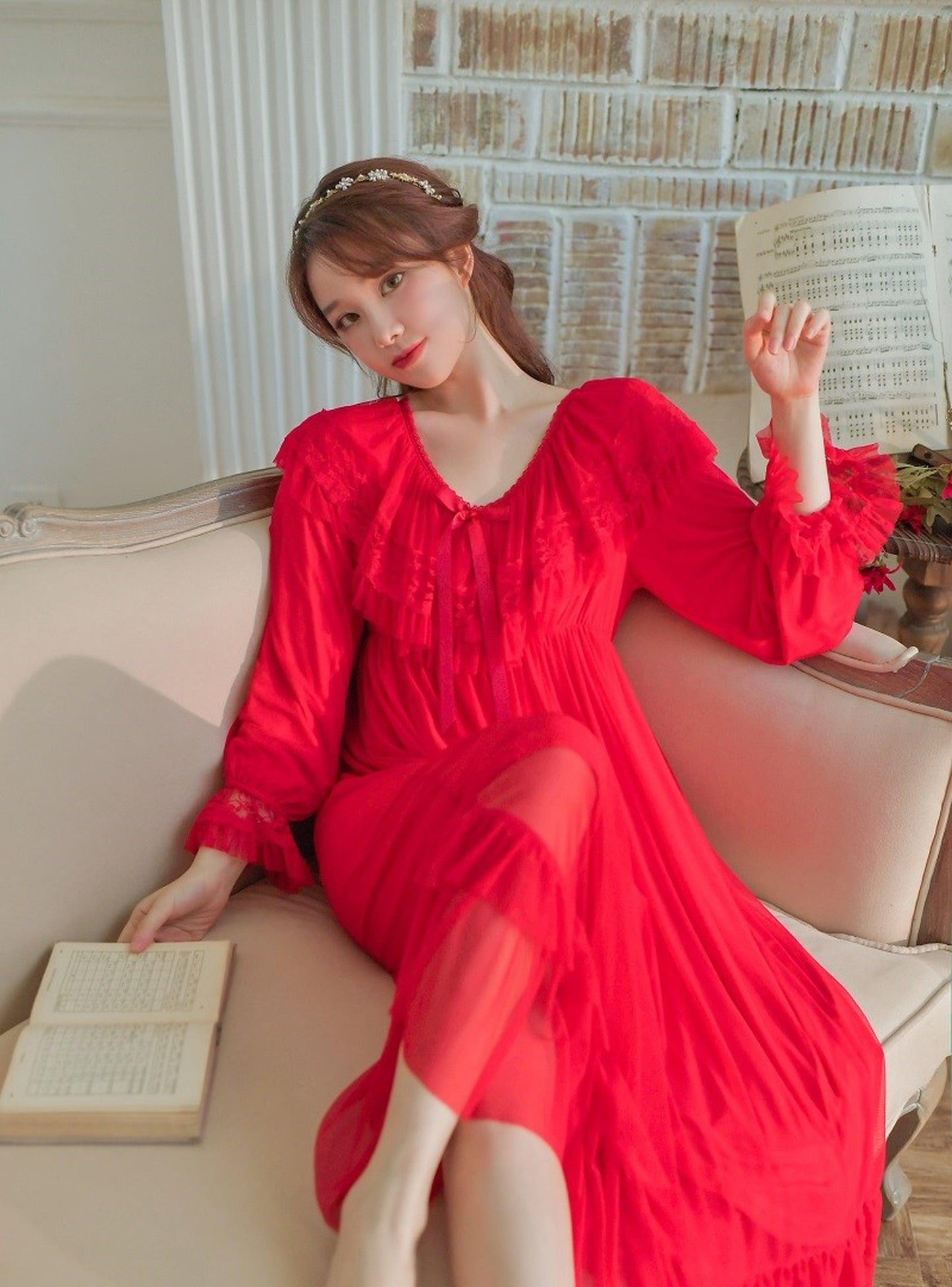 Vintage Luxury Modal Gauze Women's Long Nightgowns, Long Sleeve Soft Lace Spring Autumn Loose Nightdress - Belleroz