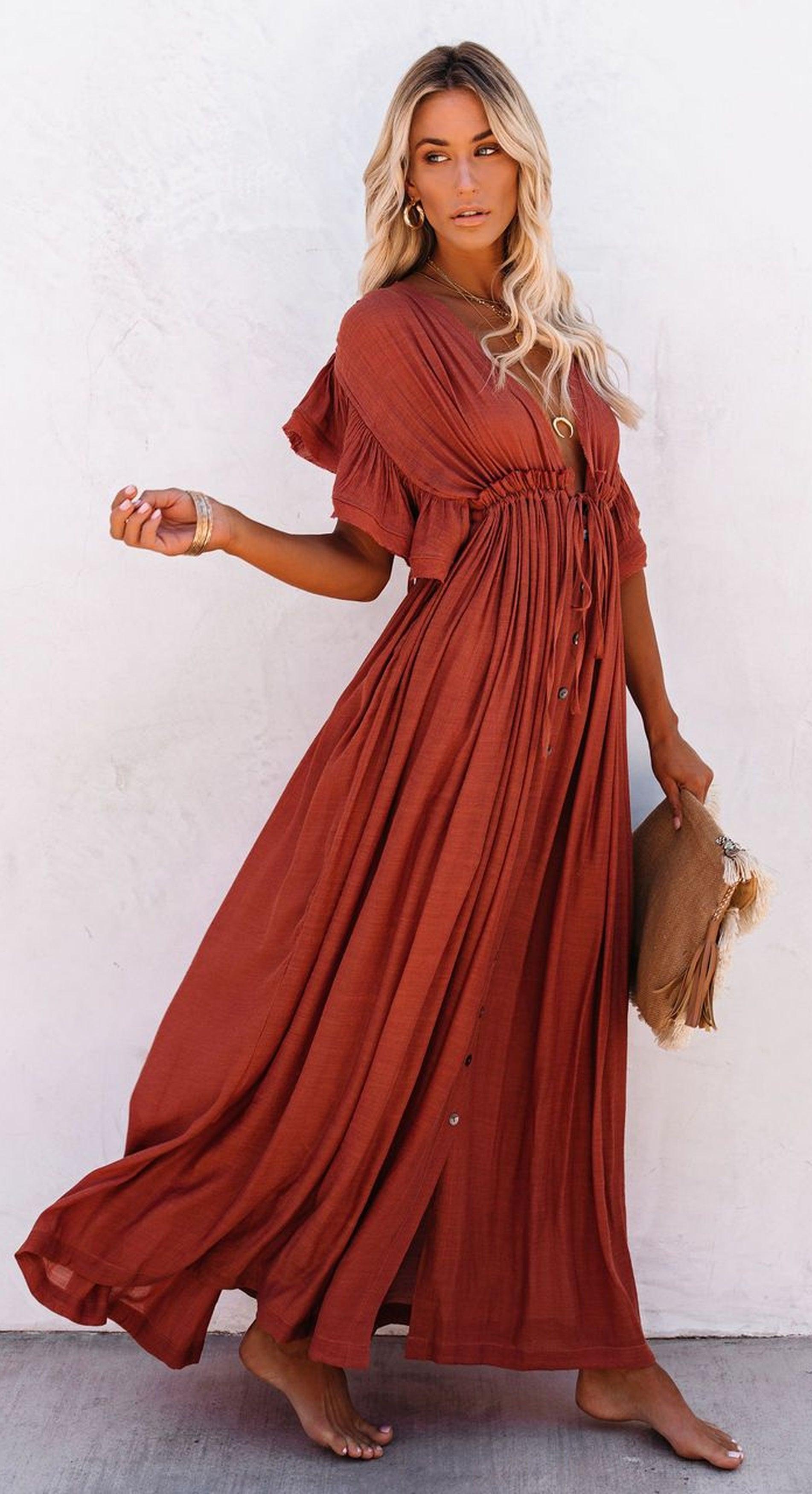 Bohemian Maxi Dress, Beach Dress, Women Boho Long Bikini Cover Up Dress, High Waist Casual V-Neck Sexy Dress - Belleroz