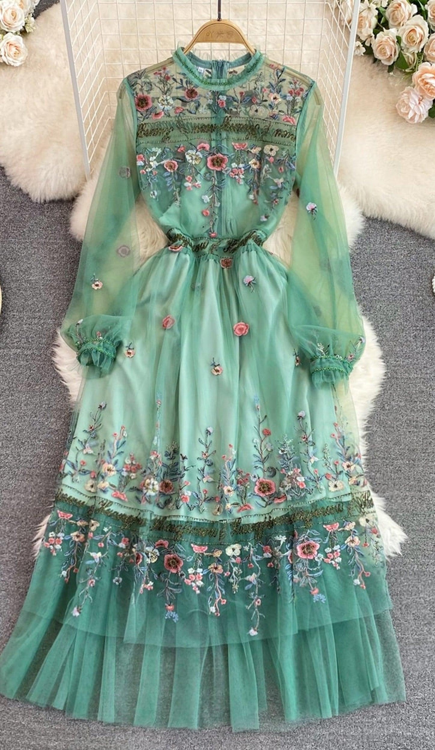 Bohemian Flower Embroidery Dress, Long Sleeve Mesh Lace Ruffles Dress - Belleroz