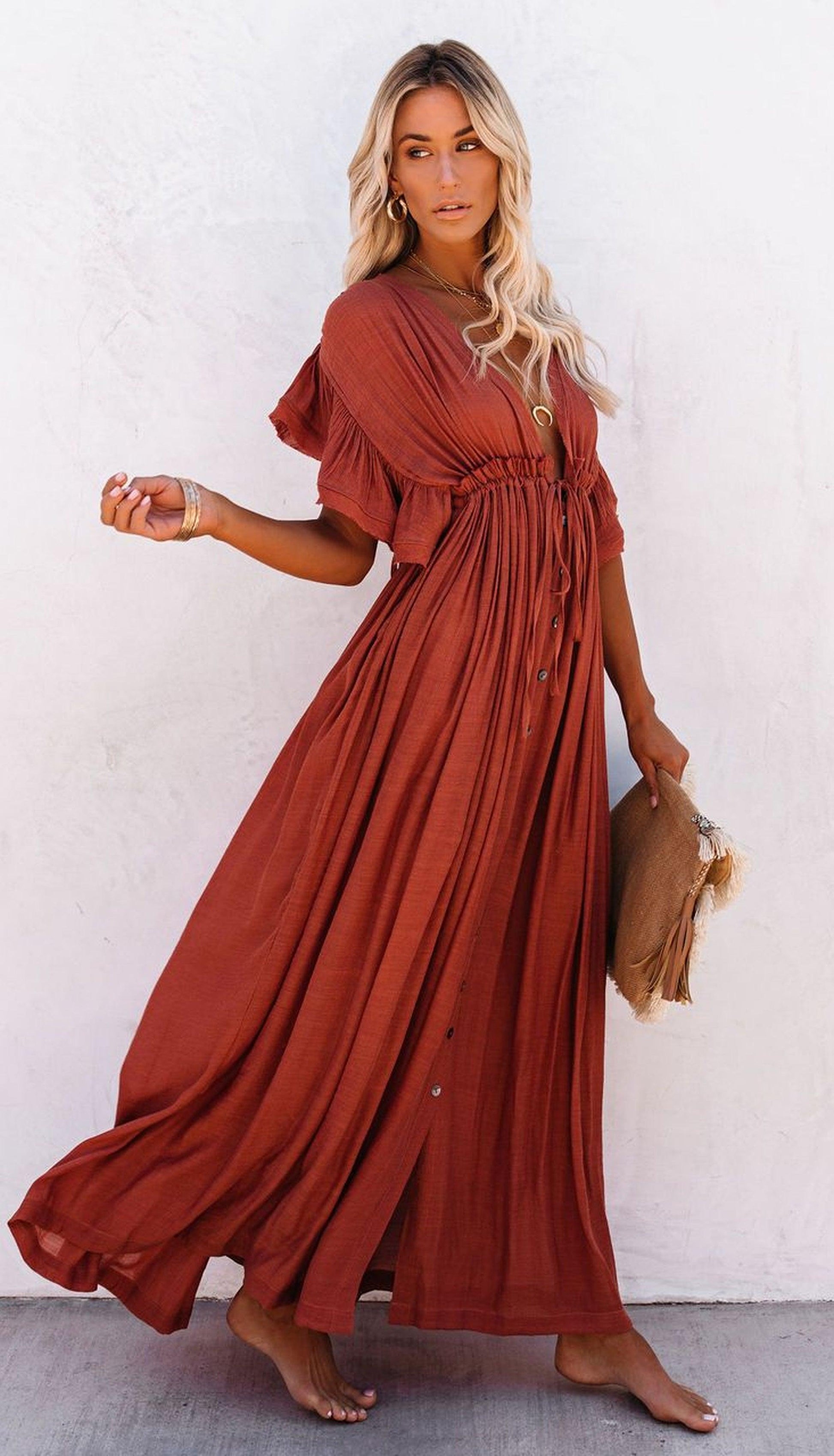 Bohemian Maxi Dress, Beach Dress, Women Boho Long Bikini Cover Up Dress, High Waist Casual V-Neck Sexy Dress - Belleroz