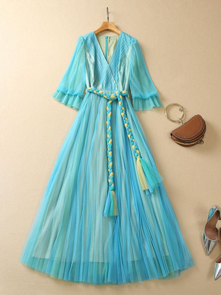 Boho Summer Long Dresses, Mesh Blue Maxi Holiday Short Sleeve Dress - Belleroz