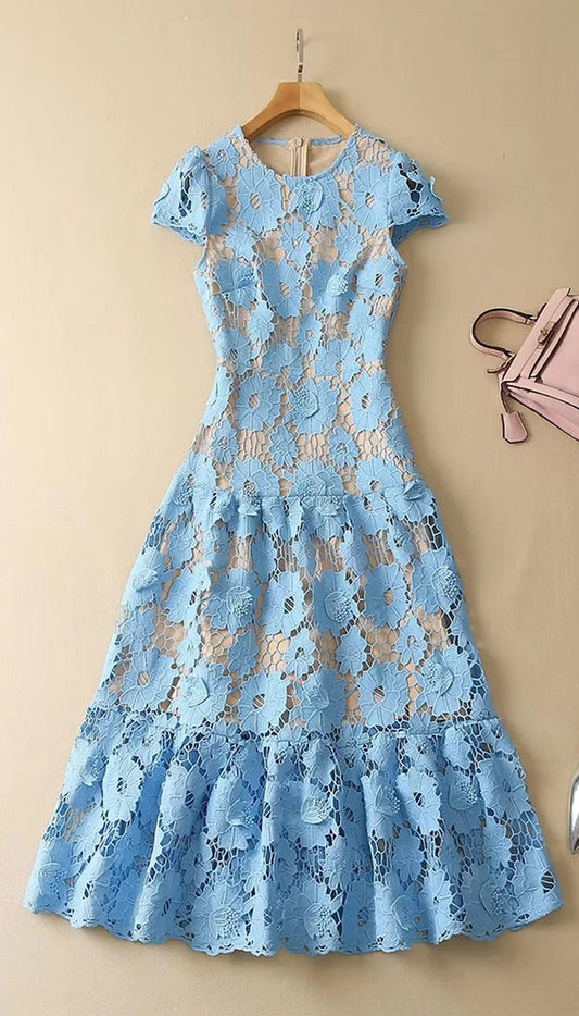 Boho Vintage Hollow Out Embroidery Lace Party Dress, Bohemian Short Sleeve Midi Dress - Belleroz