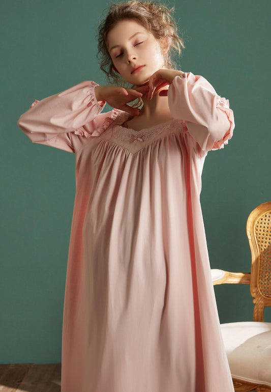 Vintage Cotton Nightgown For Women, Victorian Delicate Solid Color Nightgown - Belleroz