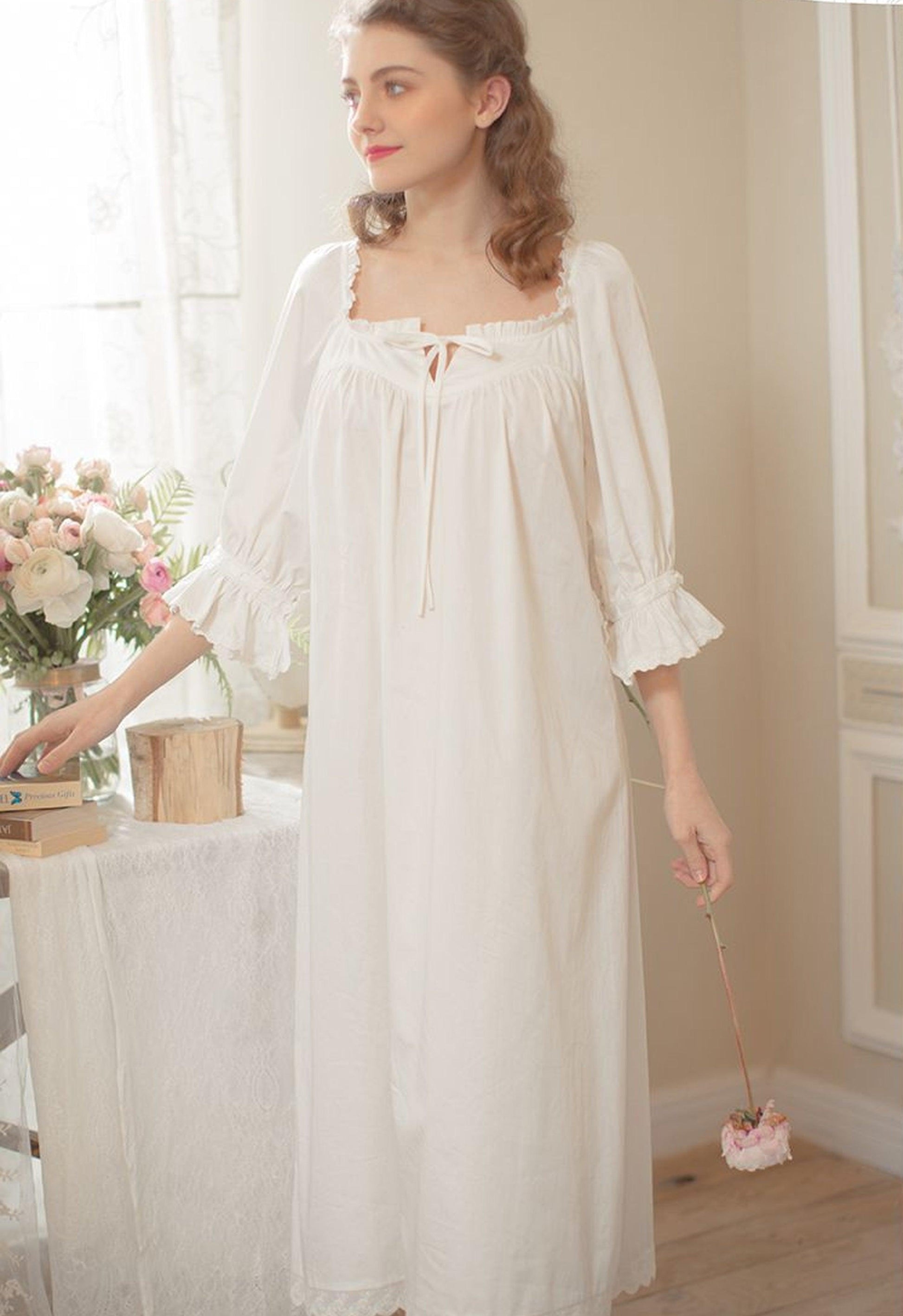 Vintage Cotton Nightgown, Victorian Nightgown, Elegant Sweet Royal White Nightdress - Belleroz