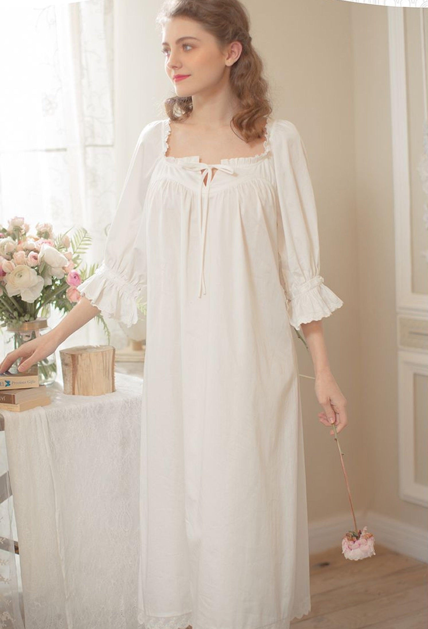 Vintage Cotton Nightgown, Victorian Nightgown, Elegant Sweet Royal White Nightdress - Belleroz