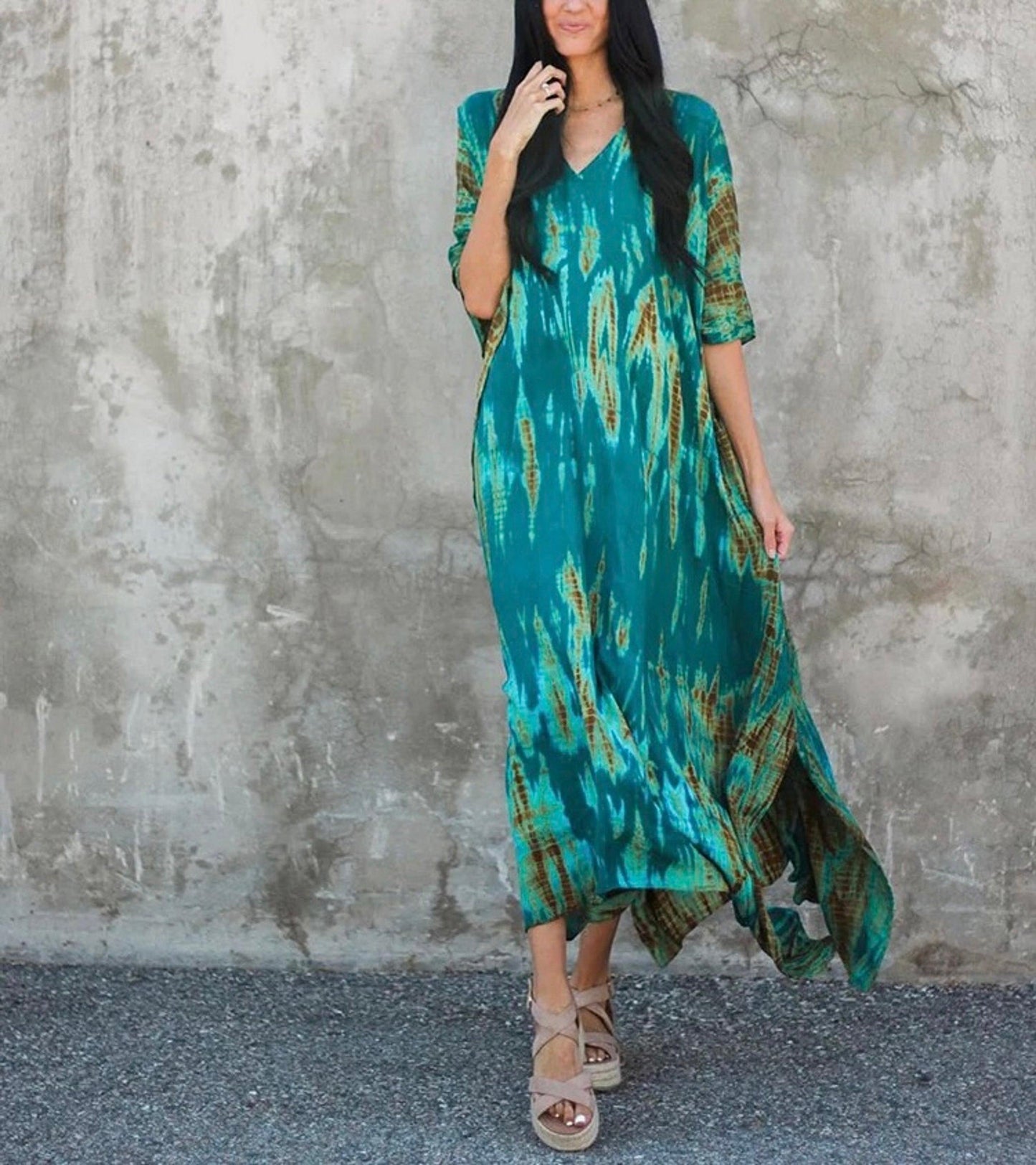 Tie Dye Boho Kaftan, Bohemian Kaftan Dress, Boho Retro Striped Tie Dye Women Swimsuit Cover Up, Beach Dress Kaftan - Sandrine Swank