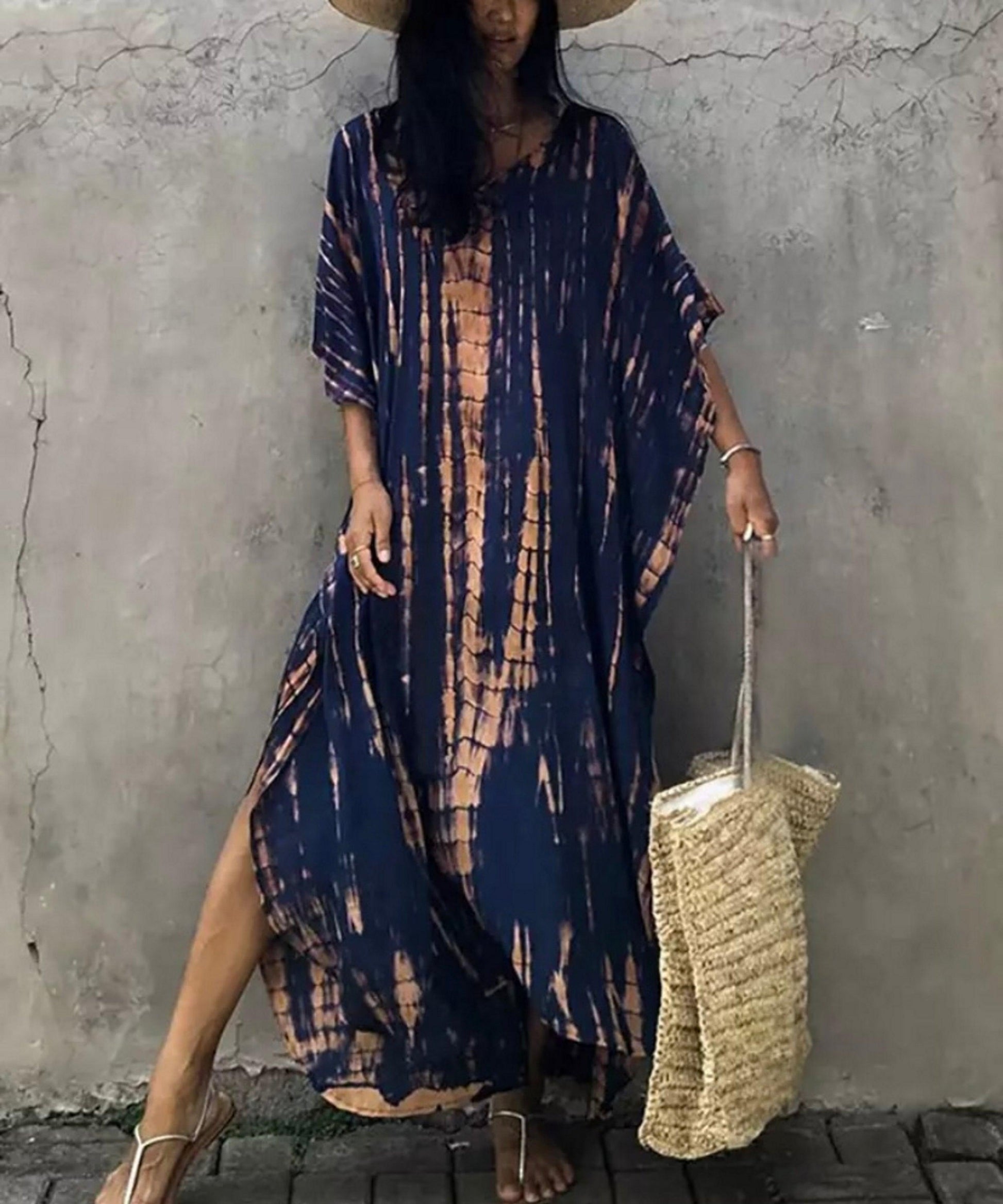 Bohemian Kaftan, Boho Retro Striped Tie Dye Women Swimsuit Cover Up, Beach Dress Kaftan - Sandrine Swank