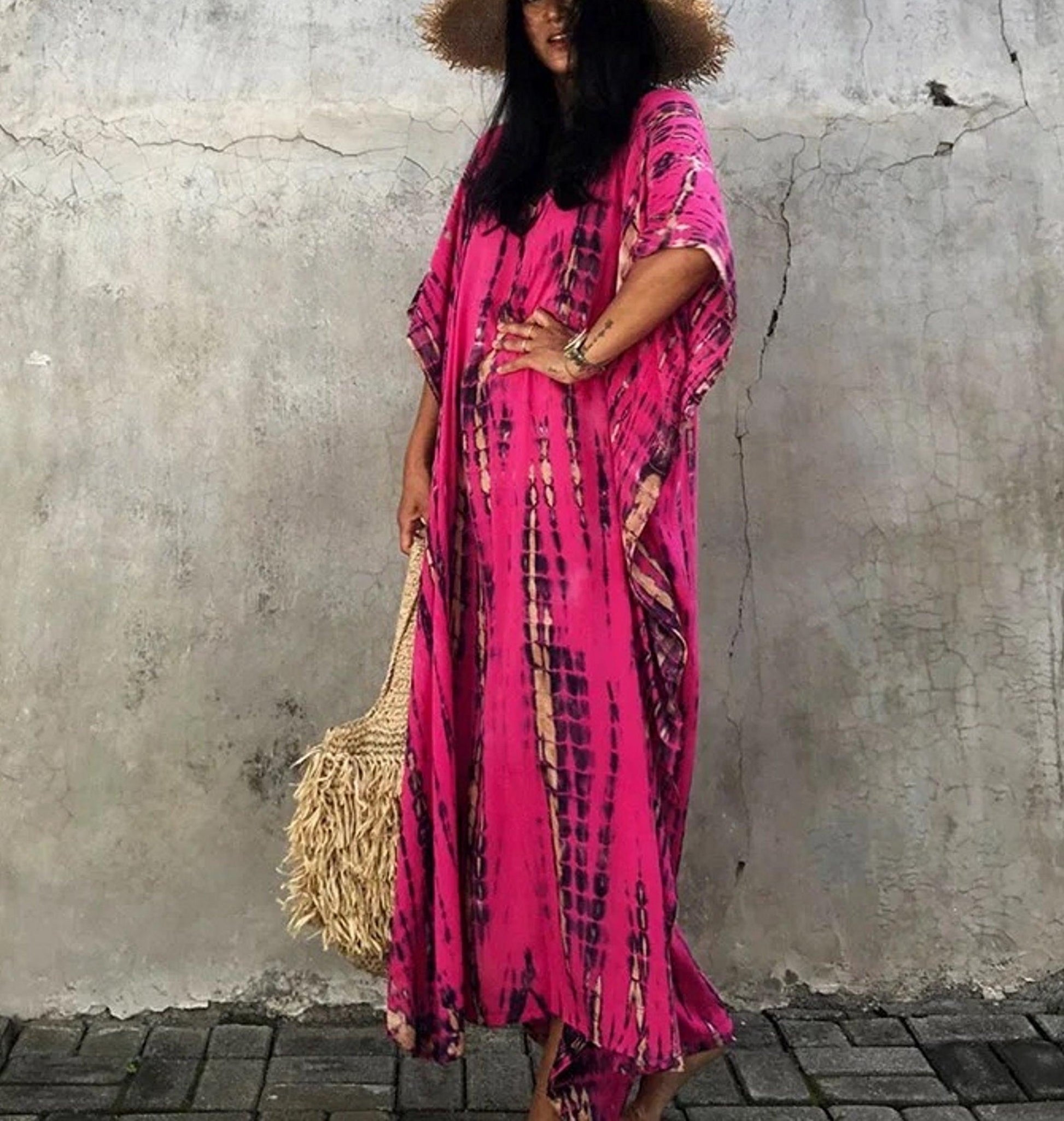 Bohemian Kaftan Dress, Boho Retro Striped Tie Dye Women Swimsuit Cover Up, Beach Dress Kaftan - Sandrine Swank