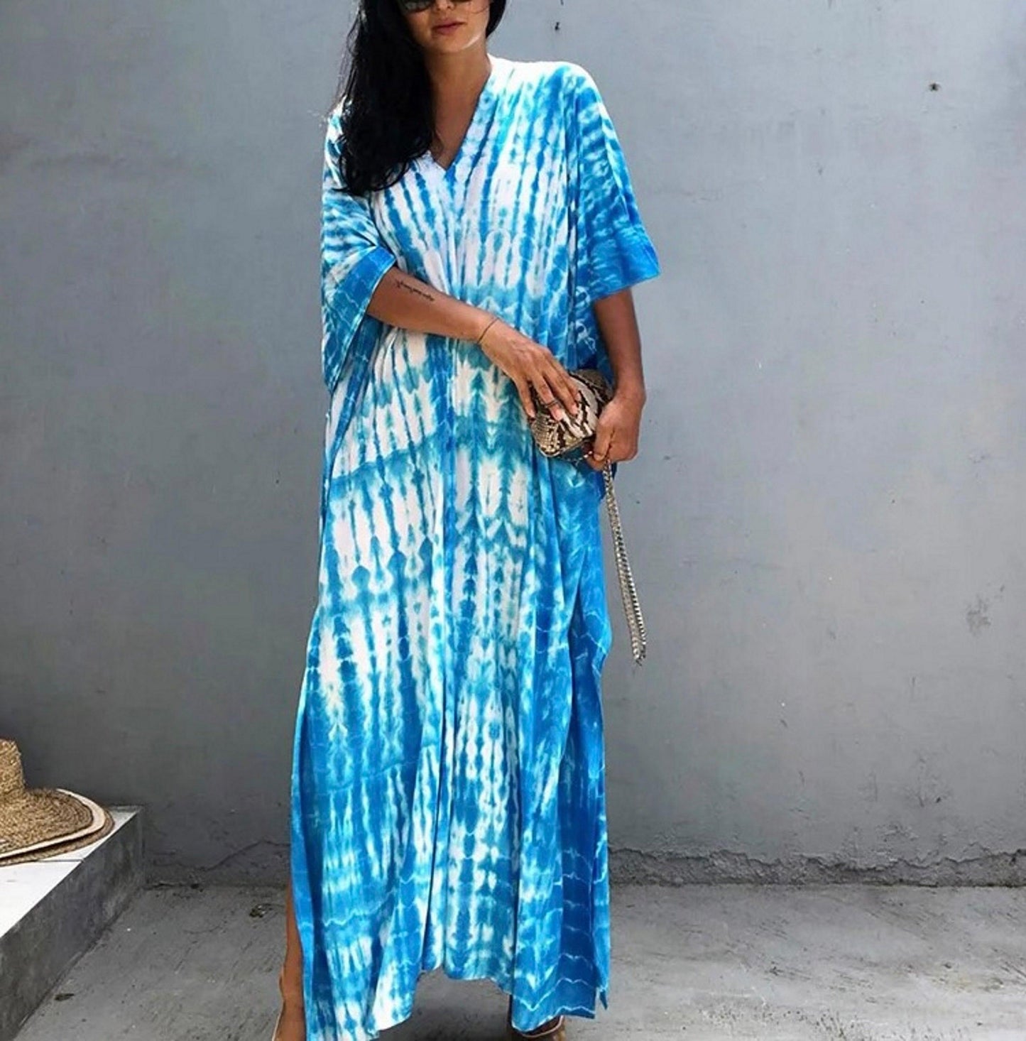 Bohemian Kaftan, Boho Retro Striped Tie Dye Women Swimsuit Cover Up, Beach Dress Kaftan - Sandrine Swank