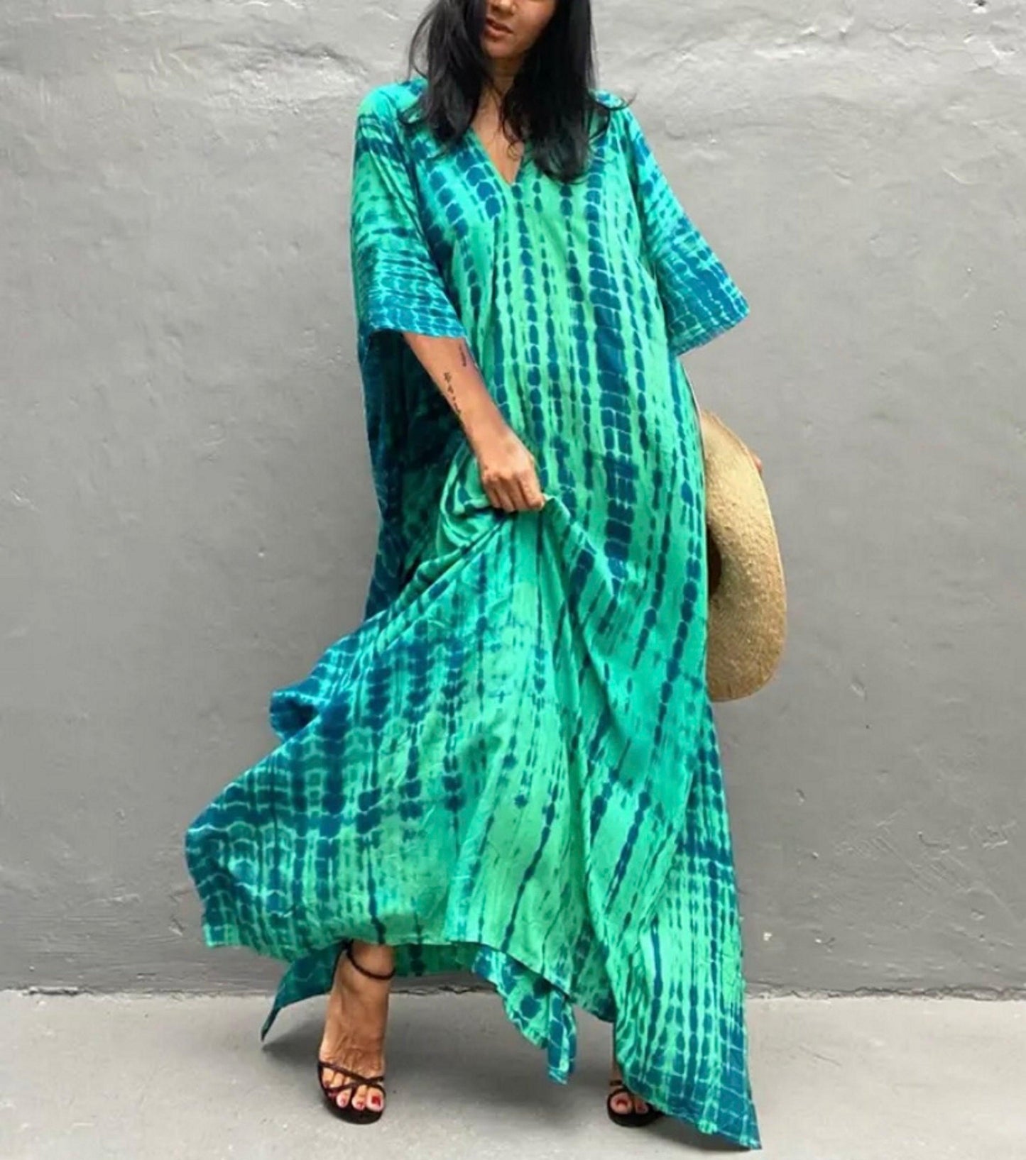 Tie Dye Boho Kaftan, Bohemian Kaftan Dress, Boho Retro Striped Tie Dye Women Swimsuit Cover Up, Beach Dress Kaftan - Sandrine Swank