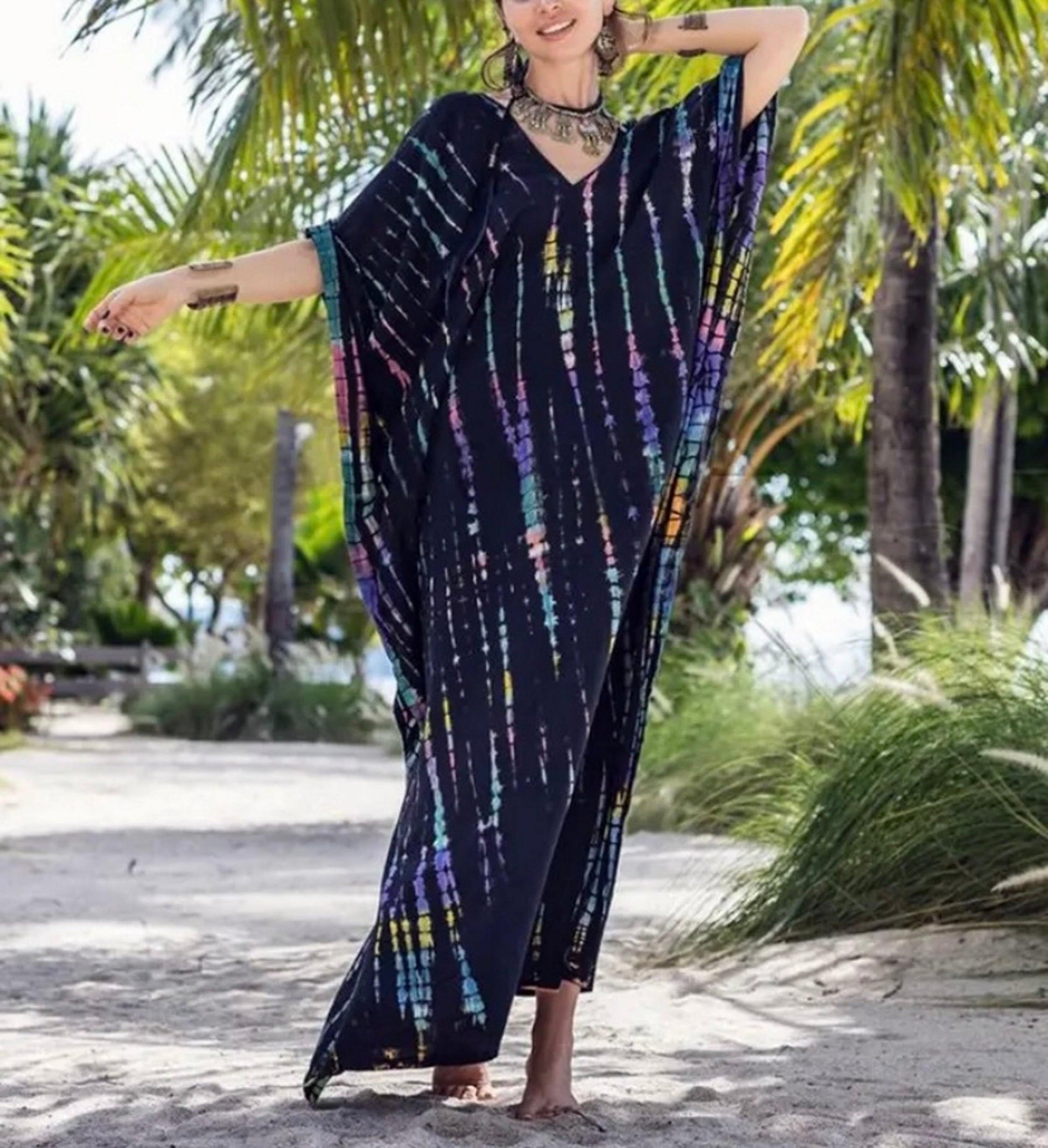 Tie Dye Boho Kaftan, Bohemian Kaftan Dress, Boho Retro Striped Tie Dye Women Swimsuit Cover Up, Beach Dress Kaftan - Sandrine Swank