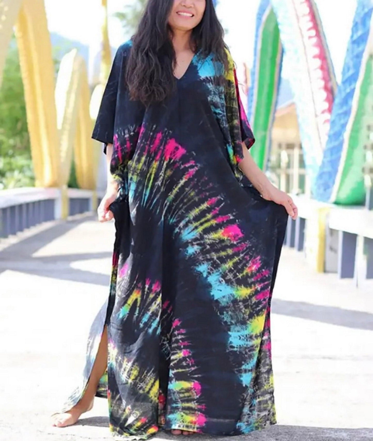 Bohemian Tie Dye Kaftan Dress, Boho Retro Striped Tie Dye Women Swimsuit Cover Up, Beach Dress Kaftan - Sandrine Swank